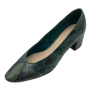 M&S Womens Green Snake Print Faux Leather Low Heel Court Shoes Size UK 7 Used - Picture 1 of 9