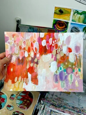 Emilia Bachelier Colorful Abstract Painting 9x12” Original on Paper - Image 1 of 4