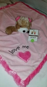 Carters Pink Bear LOVE ME Lovey Security Blanket Rattle Heart Satin Back Fuzzy - Picture 1 of 10