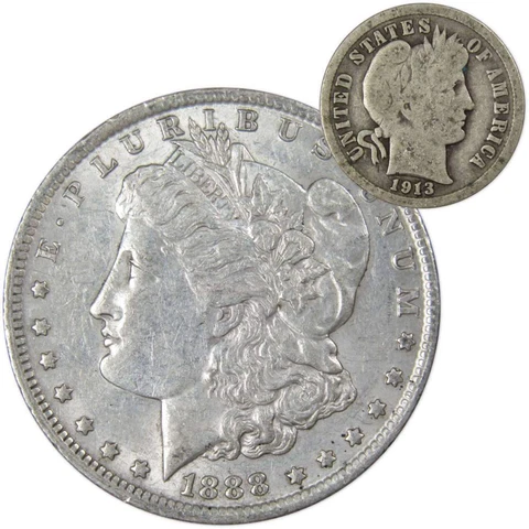 1888 O Morgan Dollar XF EF Extremely Fine with 1913 Barber Dime G Good Cover