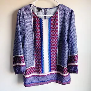 Talbots Blue Burgundy Floral Medallion 3/4 Sleeve Boho Blouse Size Large - Picture 1 of 5