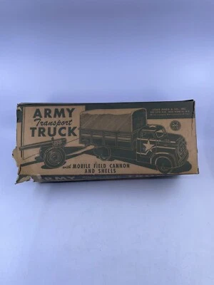 VINTAGE 1950’s MARX US ARMY  TRANSPORT TRUCK W/ Cannon PRESSED METAL Rare W/Box - Image 1 of 4
