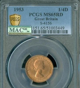 1953 GREAT BRITAIN FARTHING PCGS MS65 RD MAC SPOTLESS ONLY 1 FINER . - Picture 1 of 2