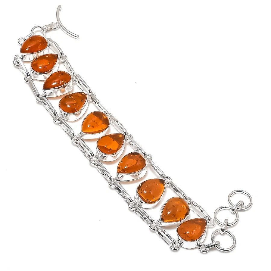 Pulseira de prata esterlina 925 feita à mão com pedra preciosa âmbar do Báltico tamanho 7-8" - Imagem 1 de 1