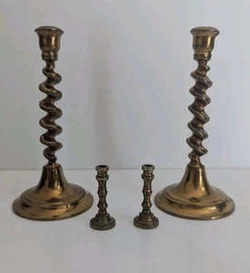 Vintage Brass Candlestick Holders 2x Pairs Twisted Spiral Antique Medium &Small - Picture 1 of 6