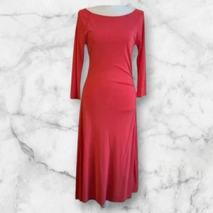 Lauren Ralph Lauren Sz L Ruched Stretch Jersey Fit & Flare Coral Pink Midi Dress - Picture 1 of 12