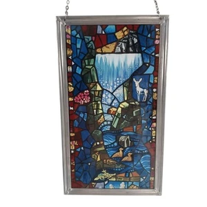 Vtg Glassmasters Stained Glass Mountains Waterfall Deer Ducks Suncatcher 7x12.25 - Picture 1 of 10