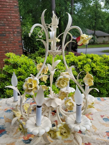 Vintage Mid-Century Italian 6 Arm Tole Painted Pottery Flowers Chandelier Cover