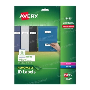 Avery Removable ID Labels 1 x 2-5/8 White Multipurpose Laser Inkjet 150Pk 16460 - Picture 1 of 6