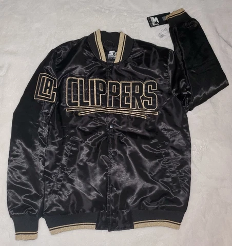 LA Clippers Black Out Gold Out "Fit For A King" Front Snap Starter Jacket Sz L Cover