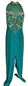 Alyce Heavily Beaded Green Silk Dress, Sequins 90’s Glam 14, Yoke Neck Sparkle - Picture 1 of 13