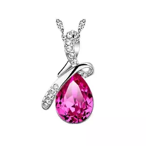 Funkelnder Kristallschmuck heißrosa Träne Damen Anhänger Halskette BGCW0068 - Bild 1 von 8