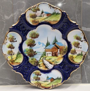 RB Alcobaca Portugal Art Pottery Decorative Cobalt Plate Gilded Rim Handpainted - Picture 1 of 5