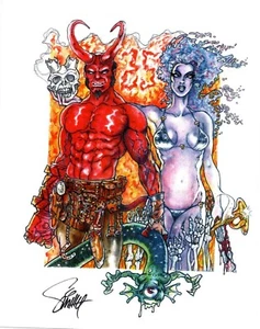 ORIGINAL ART PRINT of HELLBOY and LADY DEATH by SMITTY (SHIPS FREE)* - Picture 1 of 1