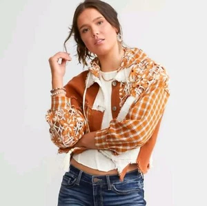 Miss me Floral laced hooded Pieced Denim Jacket sz S - Picture 1 of 8