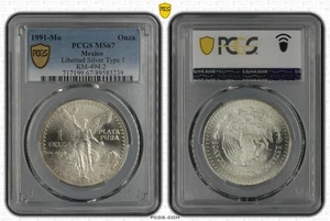 1991 Mo Mexiko Silber Libertad 1 Onza PCGS MS67 Type 1 - Bild 1 von 3