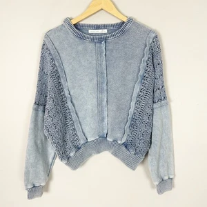 Altar’d State Blue Crochet Sleeve Sweatshirt Boho Casual Lounge Size XS Women's - Picture 1 of 4