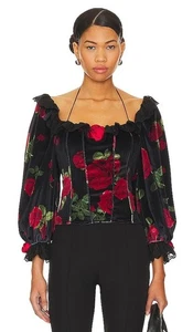 For Love & Lemons Black Red Rose Velvet Yara Top NWT $189 Size Medium - Picture 1 of 11