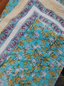 King Size Bedspread throw Indian Hand Block print Kantha Quilt Blanket Cotton - Picture 1 of 13