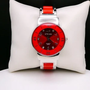 Womens STRADA Silver RED Japanese Movement Stainless Cuff Bangle Bracelet Watch - Picture 1 of 9