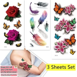 Set of 3 - Waterproof Temporary Tattoo Stickers Butterfly Flower Arm & Body Art - Picture 1 of 10
