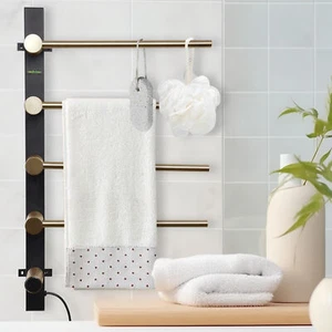 4 Bar Heated Towel Rack, Timer Wall Mounted Towel Drying for Bathroom Gold New - Picture 1 of 8