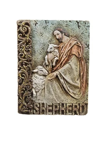 Carved Ornate Faux Stone Resin Wall Plaque Jesus The Good Shepherd w/Lambs - Picture 1 of 7