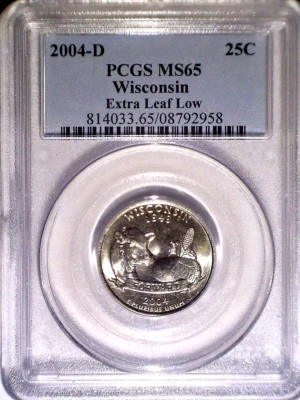 2004D PCGS MS65 Wisconsin Extra Leaf Low Statehood Washington Quarter - 25C UNC - Image 1 of 2