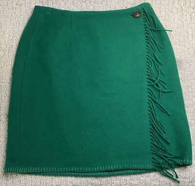 Ralph Lauren Country Green Wool Wrap Skirt 8 Fringe Faux Antler Button - Image 1 of 4