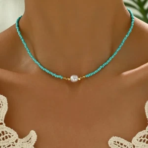 Vintage Boho Clavicle Chain Rice Bead Necklace Jewelry Women Gift Fashion Blue - Picture 1 of 2