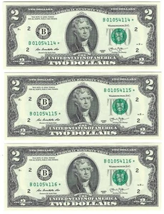2013 $2.00 Bills (3) Uncirculated Star Notes B-01054114*-B-01054115*-B-01054116* - Picture 1 of 2