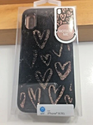 NUEVO onn IPHONE X/XS Negro con Corazones Dorados Estuche Giratorio. Foto 1 de 3
