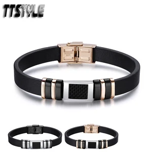 TTstyle Black Leather Firber 316L S.Steel Bracelet Wristband Silver/Rose Gold - Picture 1 of 3
