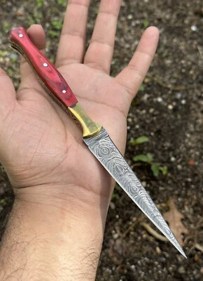 Daga de caza de acero Damasco hecha a mano hoja fija cuchillo de bota doble filo EDC Foto 1 de 4