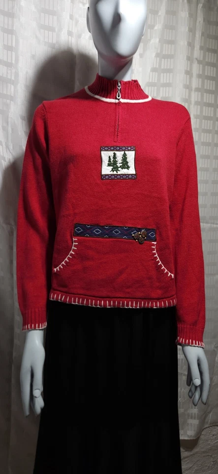 Винтажный женский свитер рождественский зимний на молнии миниатюрный большой деревья красный Breckenridge - Изображение 1 из 4