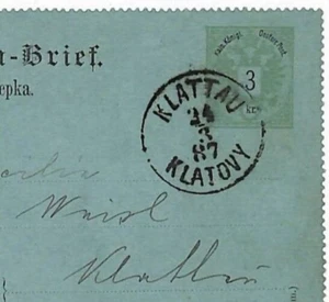 AUSTRIA EMPIRE Czech Republic *Klattau Klatovy* Bi-lingual Zalepka Card 1887 E1 - Picture 1 of 3