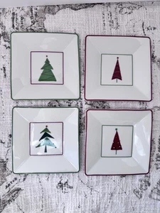 CRATE & BARREL Red Green Holiday Christmas Tree Appetizer Plates, Set of 4 - Picture 1 of 4