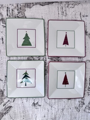 CRATE & BARREL Red Green Holiday Christmas Tree Appetizer Plates, Set of 4 - Image 1 of 4