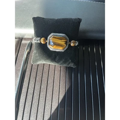 Brazalete elástico imitación ojo de tigre piedra marrón tono plata filigrana Foto 1 de 4