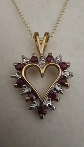 Fine Ruby & Diamond Heart Pendant 14k Yellow Gold Necklace - Picture 1 of 6