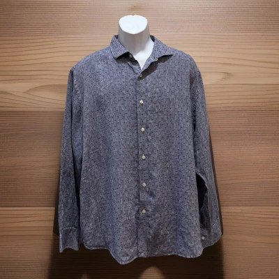 Baird McNutt Murano Mens Linen Shirt XLarge Blue Geometric Long Sleeve Button Up - Image 1 of 4