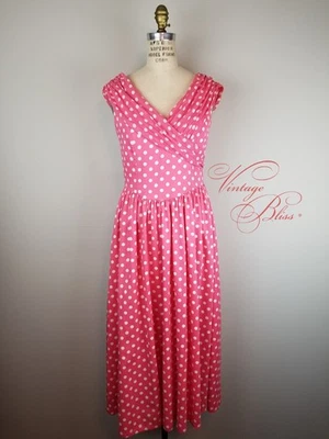 Vestido midi vintage Laura Ashley rosa sandía lunares línea A * Gran Bretaña Foto 1 de 4
