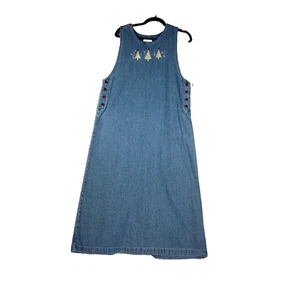 Vintage Denim Maxi Dress Womens Size S Jumper Holiday Christmas Tree Embroidered - Imagen 1 de 13