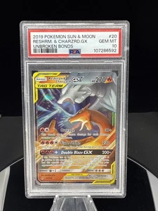2019 POKEMON SUN & MOON UNBROKEN BONDS RESHIRAM & CHARIZARD GX 20 PSA 10 - Picture 1 of 2
