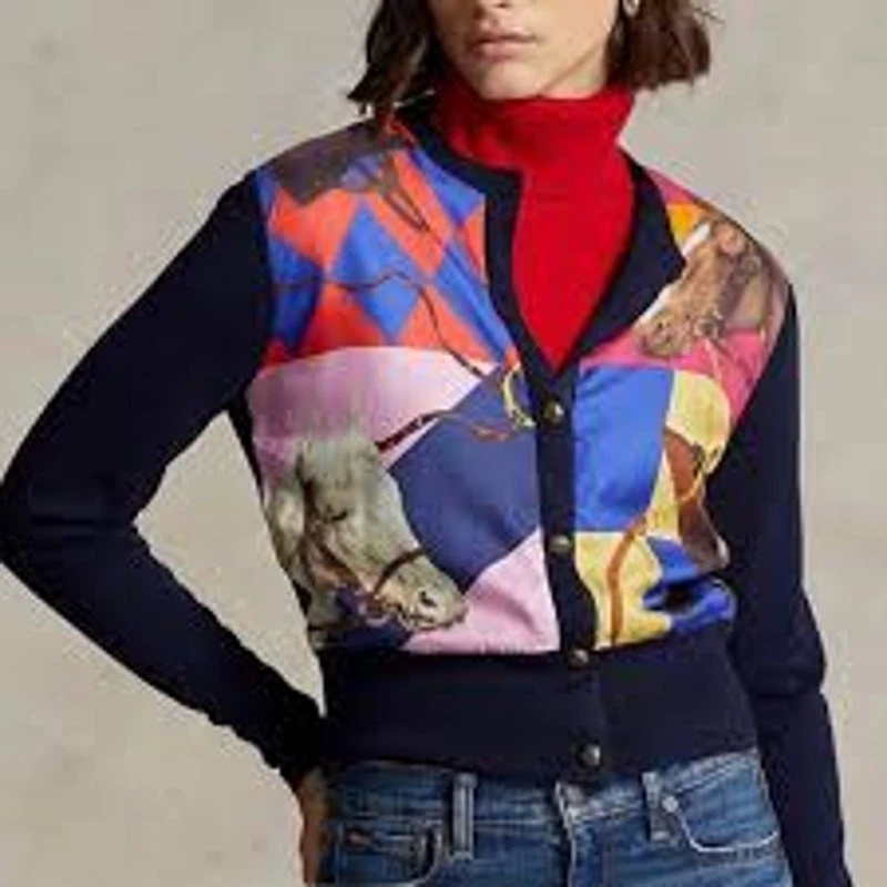 Polo Ralph Lauren Equestrian Themed Buttoned Wool & Silk Cardigan in Navy Small - Image 1 of 4