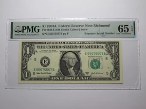 $1 2003 Fancy Repeater Serial Number Federal Reserve Currency Bank Note 55575557 - Picture 1 of 3