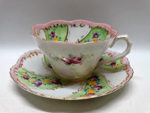 Antique Hand Painted Beaded Raise Relief Bone China Teacup & Saucer Scalloped - Picture 1 of 18