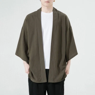 Japanese Men's Oversized Kimono Cardigan Coats Loose Outwear Summer Cotton Linen - Image 1 of 4