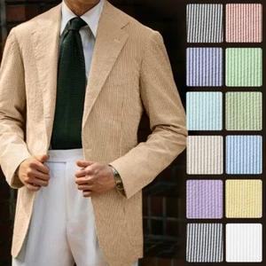Men Blazers Business Jackets Seersucker Single Breasted Thin Summer Spring Wear - Picture 1 of 16