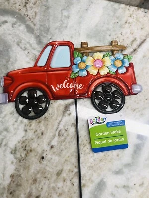 Welcome -Garden Collection Lawn Decoration. Metal Red Truck With Flowers. New- - Image 1 of 4